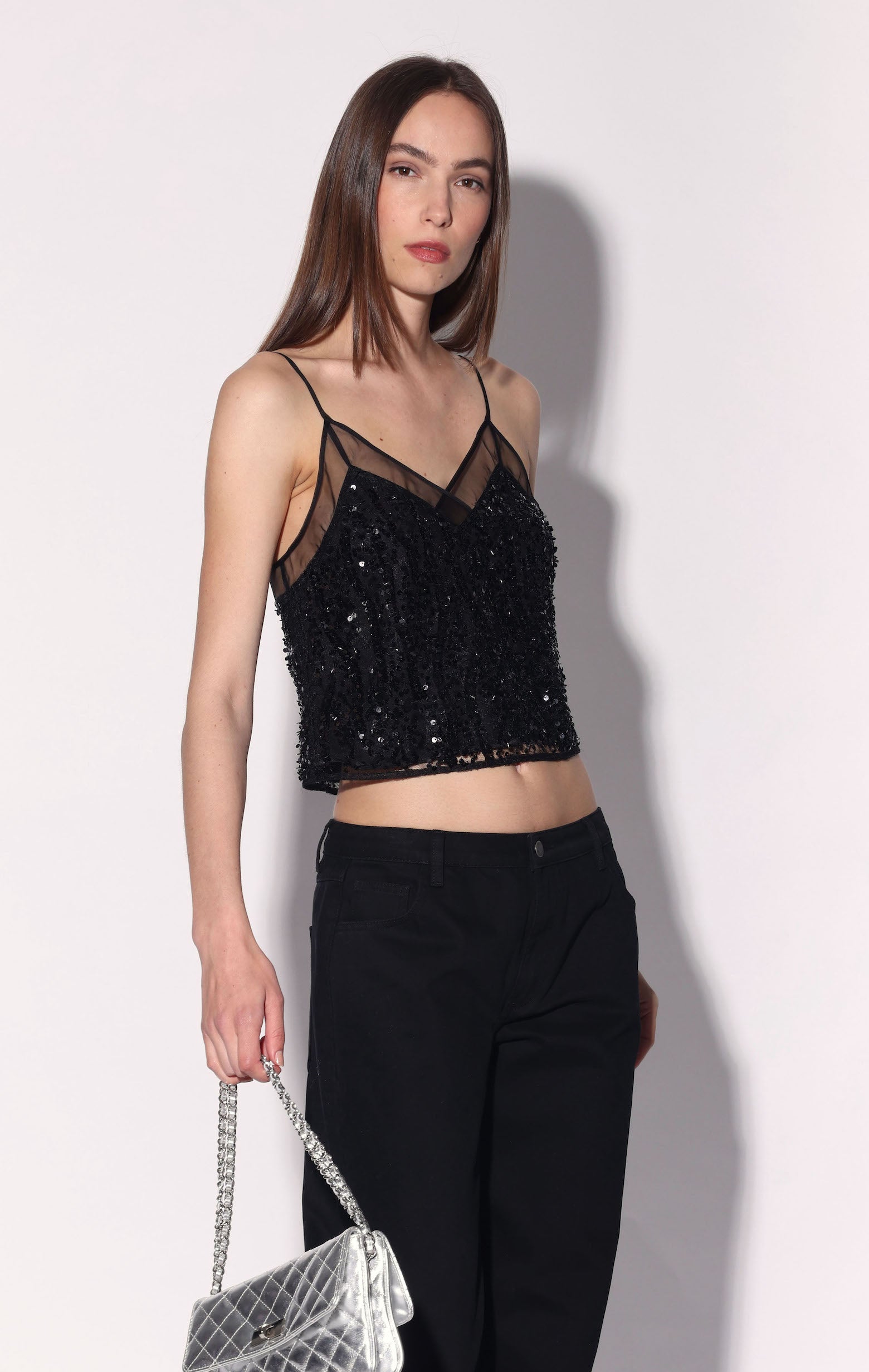 Callista Top, Black Tiger Sequin