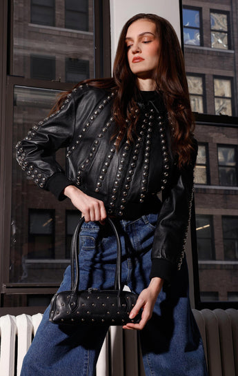 Delilah Mini Stud Satchel, Black Suede
