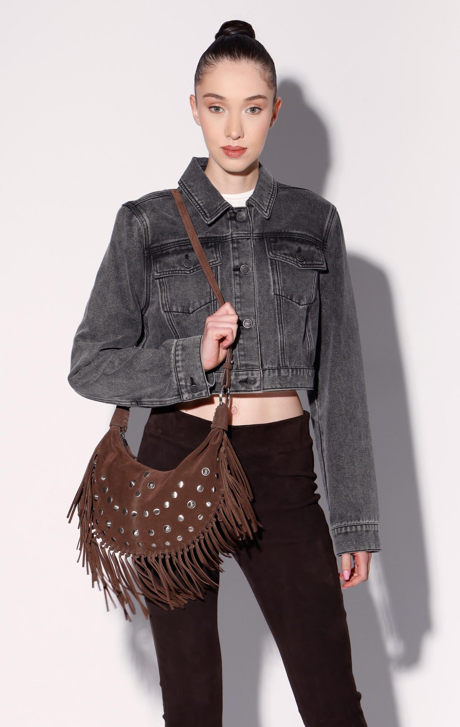 Willow Fringe Mini Hobo, Truffle Suede