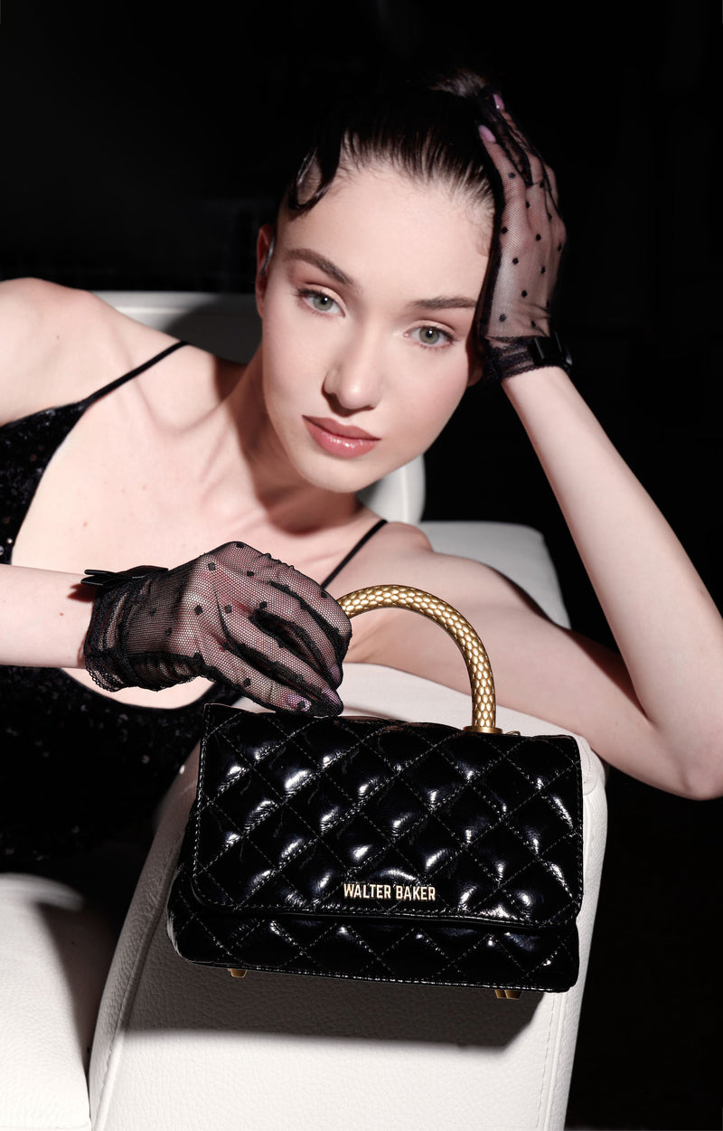 Leila Snake Mini Top Handle, Black Patent