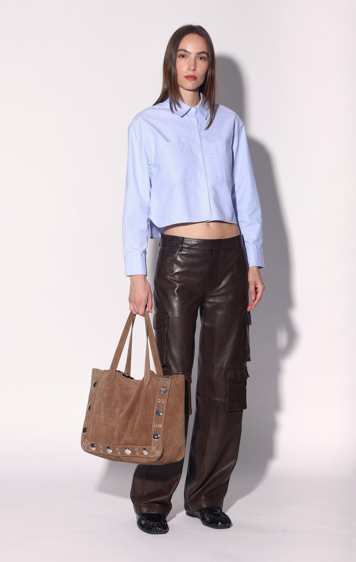 Flynn Studded Tote, Brown Suede Goat