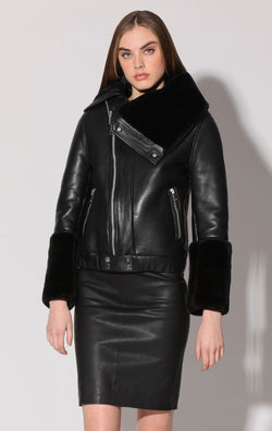 Cher Jacket, Black Leather/Black Fur - Leather
