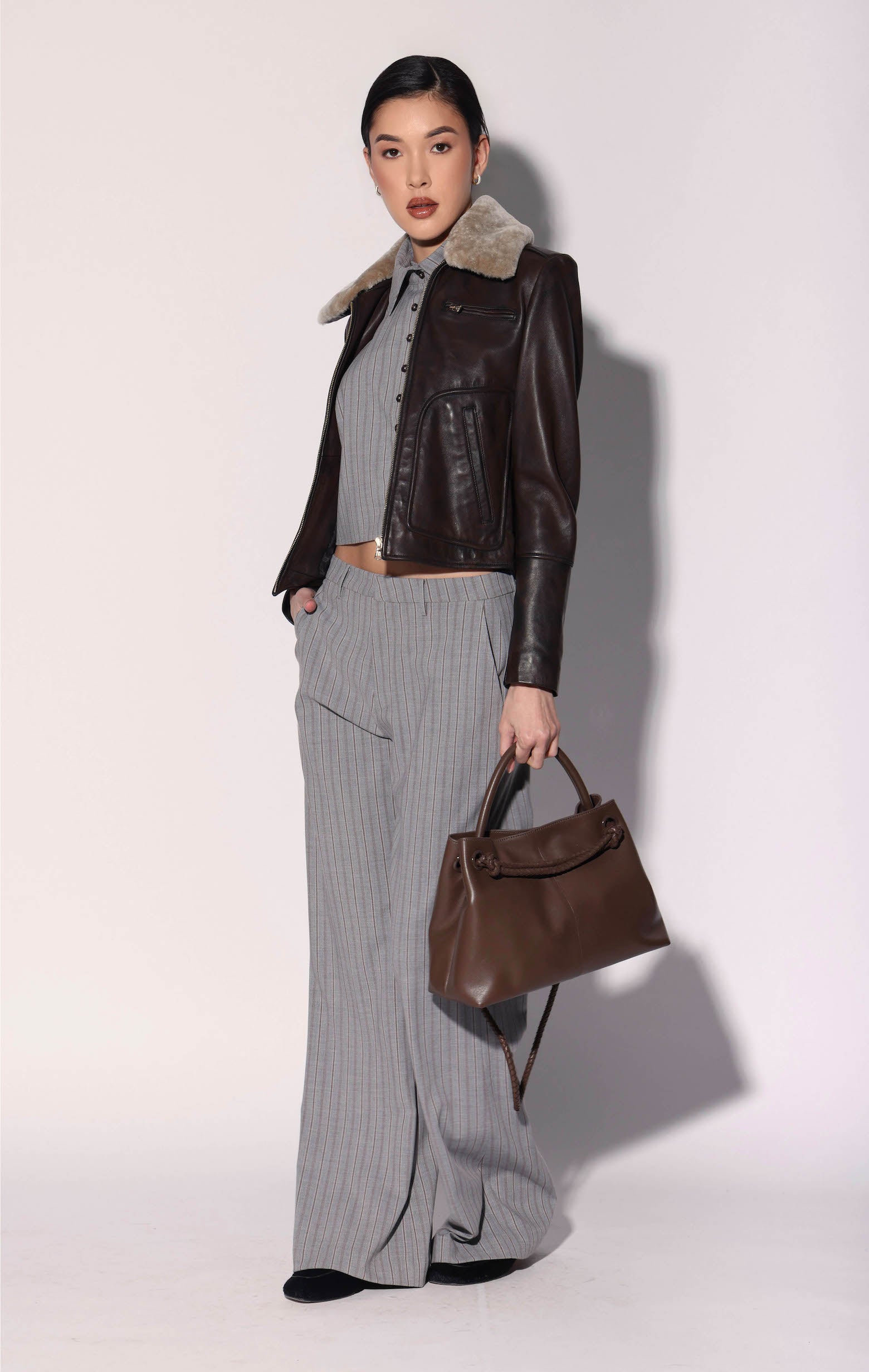 Liza Jacket, Brown Leather Taupe Fur - Leather