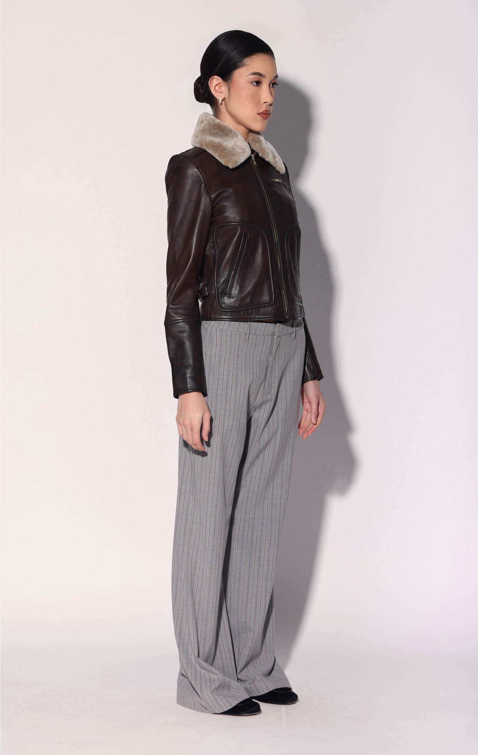 Liza Jacket, Brown Leather Taupe Fur - Leather