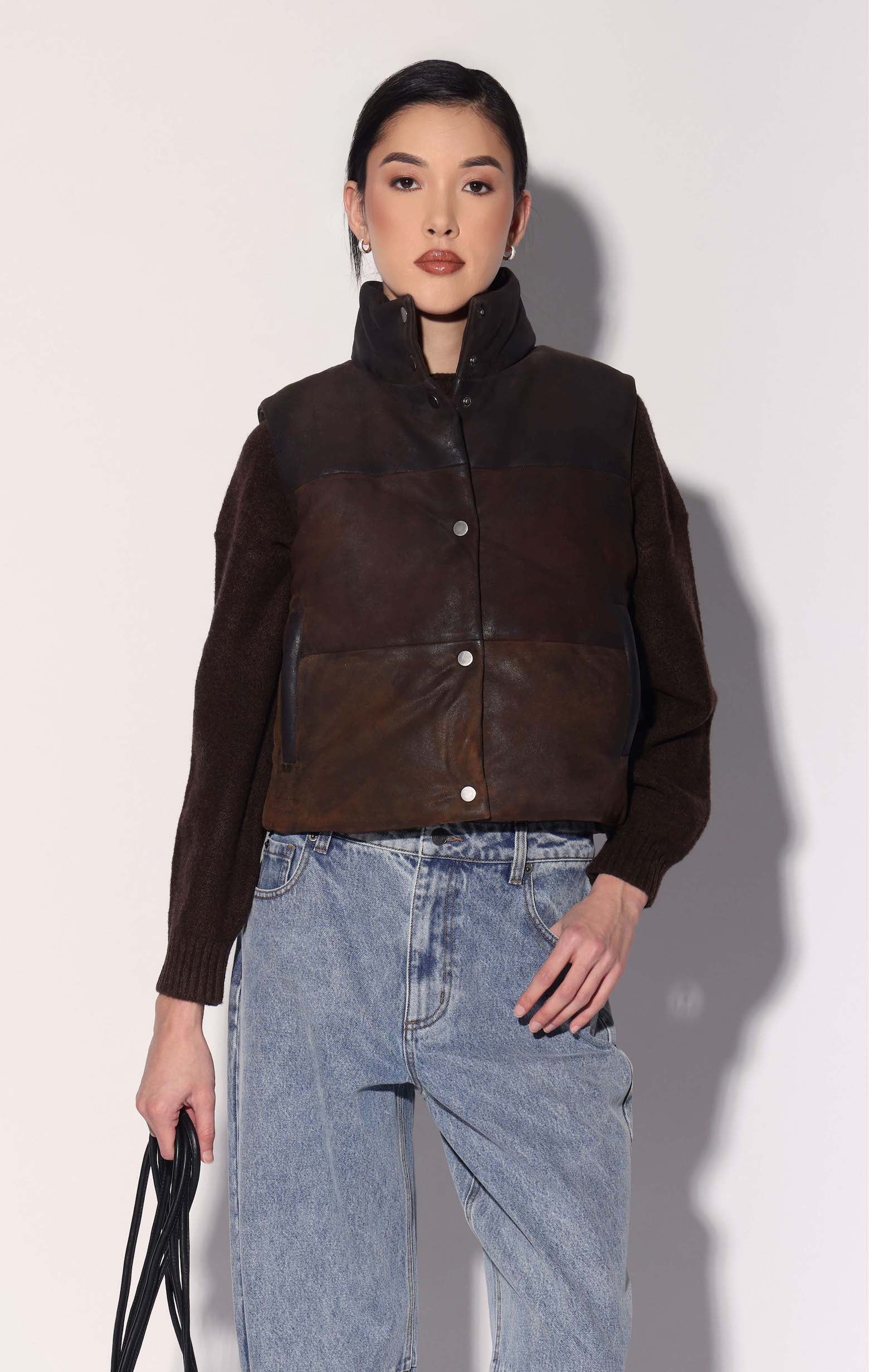 Milo Vest, Buff Mocha Suede Puffer - Leather