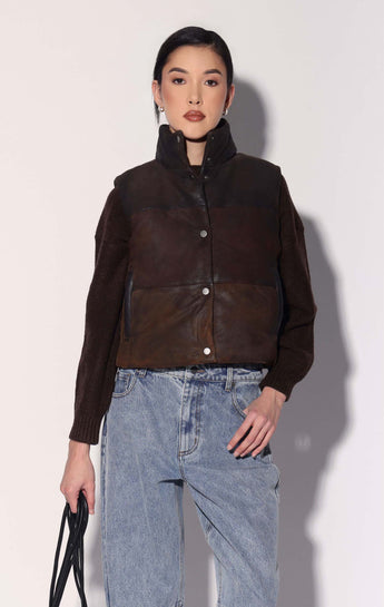Milo Vest, Buff Mocha Suede Puffer - Leather