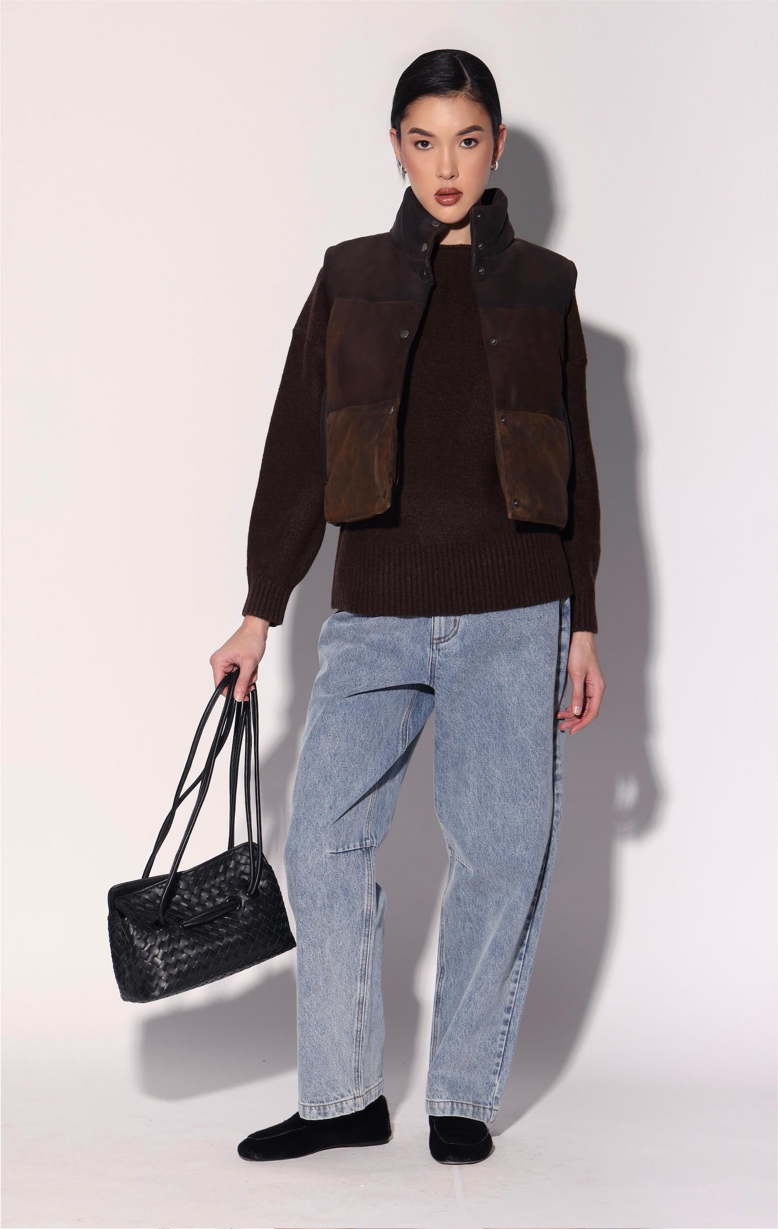 Milo Vest, Buff Mocha Suede Puffer - Leather
