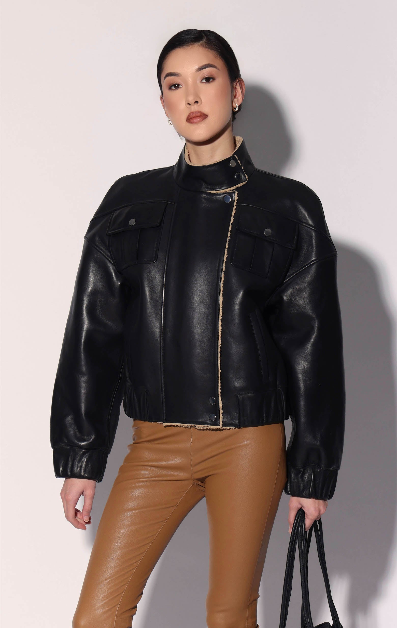 Julianne Jacket, Black Leather Macaroon Faux Fur - Leather