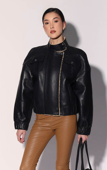 Julianne Jacket, Black Leather Macaroon Faux Fur - Leather