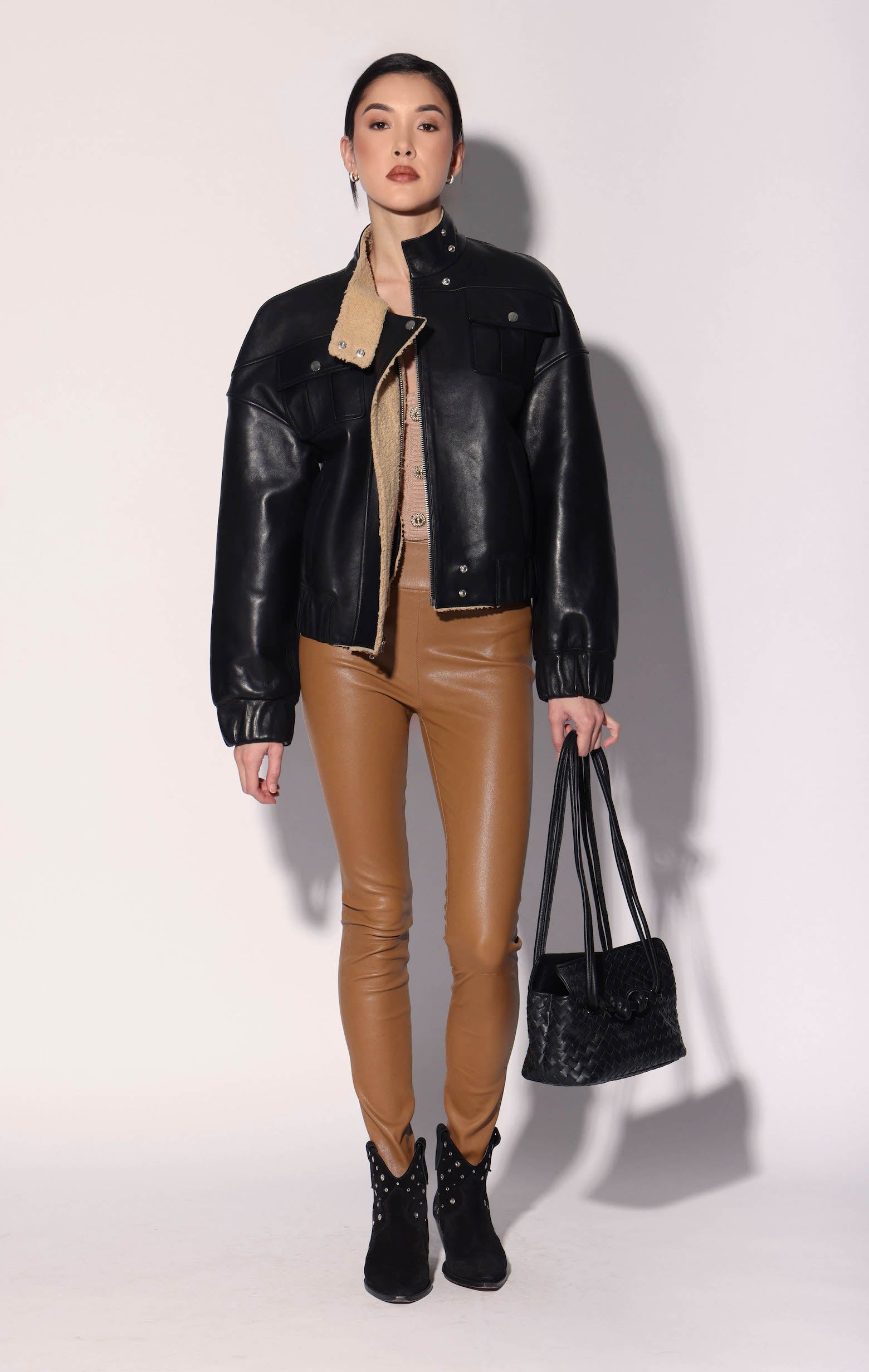 Julianne Jacket, Black Leather Macaroon Faux Fur - Leather