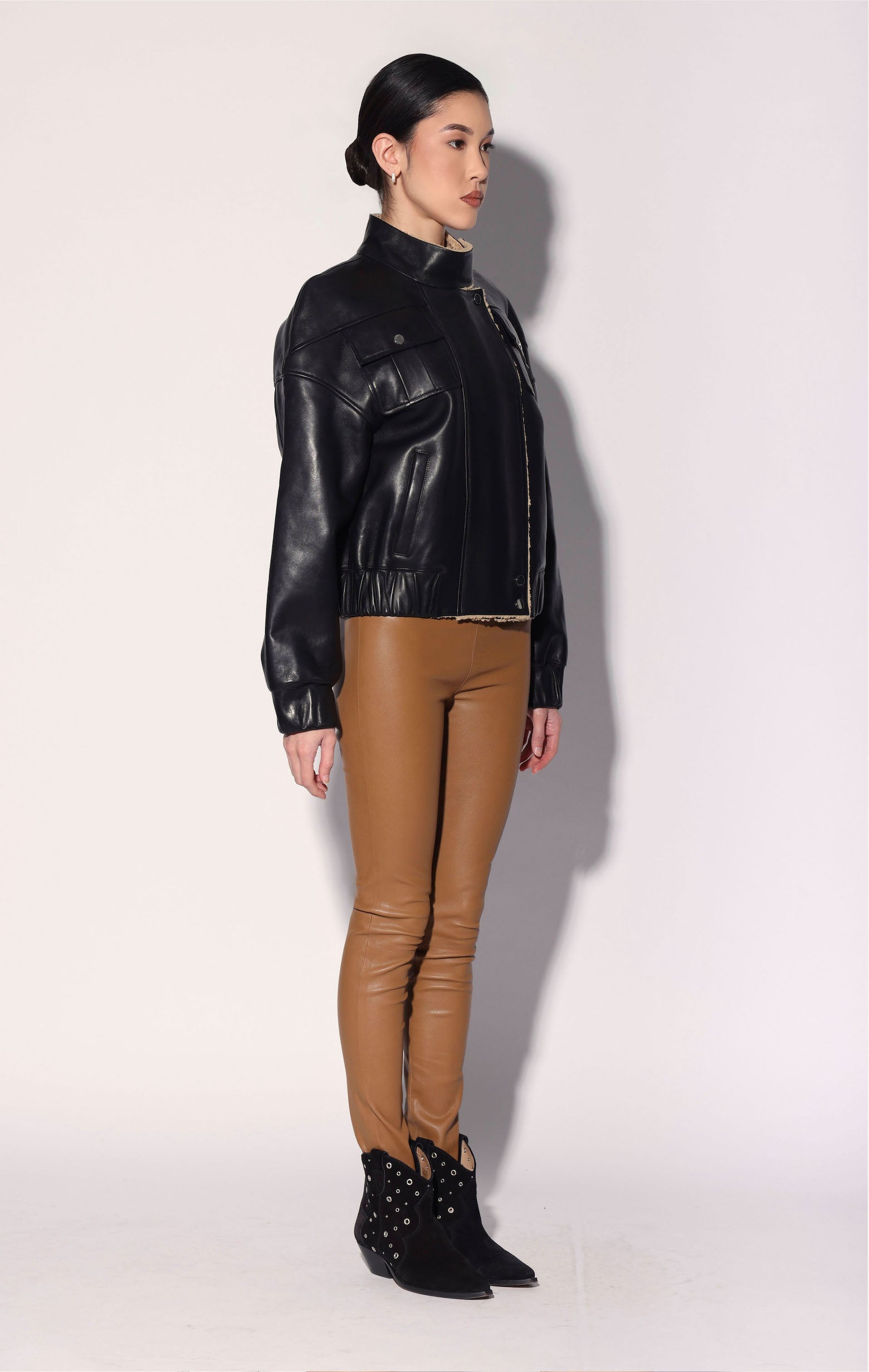Julianne Jacket, Black Leather Macaroon Faux Fur - Leather