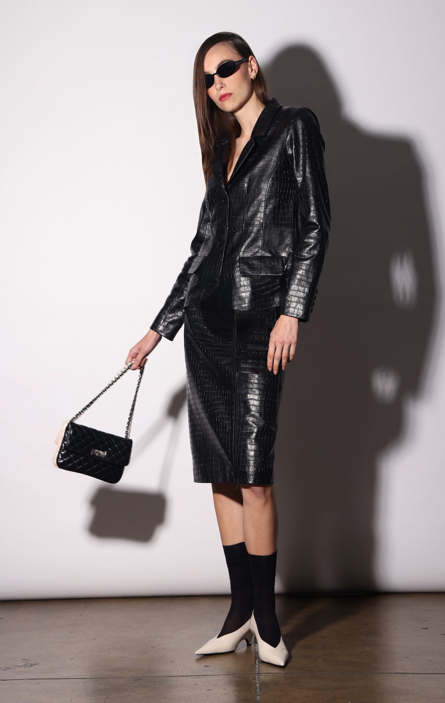 Nadine Skirt, Black Croc - Leather