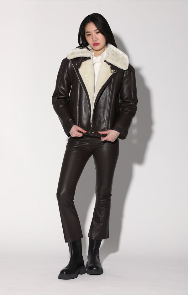 Mariah Jacket, Mocha Leather Off White Fur - Leather Shearling